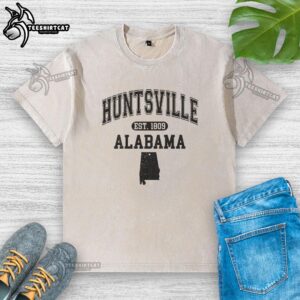 Varsity washed t-shirt featuring 'Official Huntsville Alabama Est 1809' design, perfect for local pride and casual wear.
