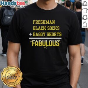 Official Freshman black socks, baggy shorts, and fabulous T-shirt outfit for a stylish casual look.