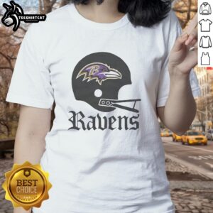 Stylish Baltimore Ravens football logo on a big helmet design for ladies' tee, perfect for fans and game day attire.