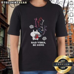 Alt Text: Premium Usagyuuun Bad Vibes Be Gone Black Ladies Tee featuring a stylish design for a positive vibe wardrobe.