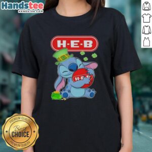 Cute Stitch Hug H-E-B logo on a St. Patrick's Day ladies tee, perfect for festive celebrations and casual wear.