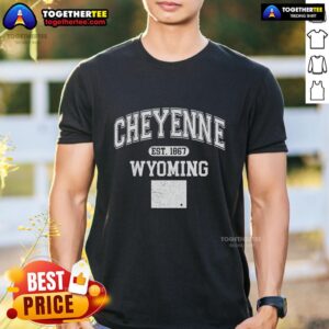 Nice Cheyenne Wyoming Est 1867 varsity t-shirt featuring a classic design and vibrant colors, perfect for proud locals.