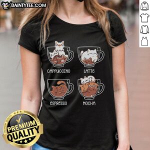 Cute cat coffee guide ladies tee featuring an adorable cat design and coffee graphics, perfect for cat lovers.