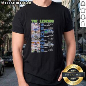 Alt Text: Top Seattle Seahawks Legends Names Signatures T-Shirt featuring iconic player names and signatures in team colors.