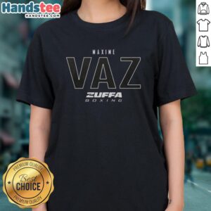 Official Maxime Vaz Zuffa Boxing Elite Ladies Tee featuring a stylish design for boxing enthusiasts and fashion lovers.