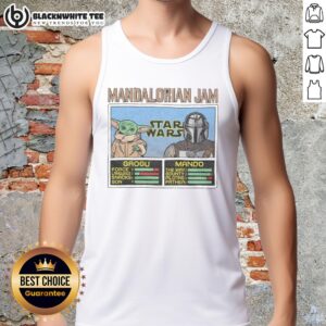 Alt Text: Awesome Mandalorian Jam Grogu and Mando tank top featuring vibrant graphics of Grogu and Mando in action.