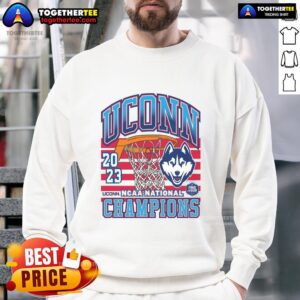 Connecticut Huskies UConn past champs sweatshirt celebrating tournament win, featuring vibrant team colors and logo.