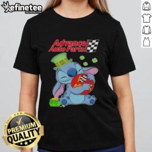 St. Patrick's Day Ladies Tee featuring a cute Stitch hug and Advance Auto Parts logo, perfect for festive celebrations.