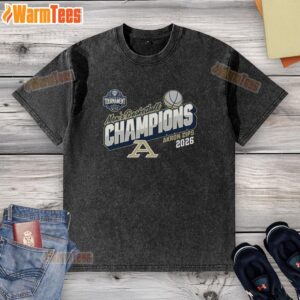 Awesome Akron Zips Blue 84 2026 MAC Men's Basketball Tournament Champions washed t-shirt displayed on a hanger.