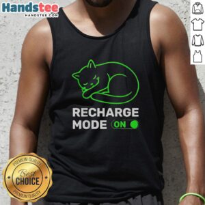 Alt Text: Colorful neon cat graphic on a tank top with 'Recharge Mode On' text, perfect for cat lovers and casual wear.