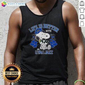 Alt Text: Cute Snoopy wearing a Utah Jazz tank top, showcasing the Warriors logo with the phrase Life is Better with Utah Jazz.