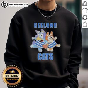 Excited Geelong Cats fans in Bluey and Bingo sweatshirts cheering at a rugby match, showcasing team spirit and style.