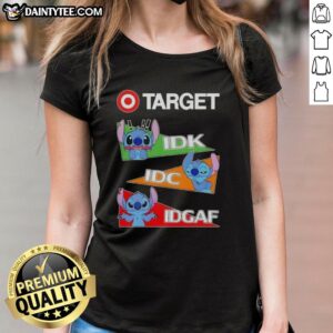 Cute Stitch X Target IDK I Don't Care IDGAF Ladies Tee featuring colorful Stitch graphic on a stylish t-shirt.