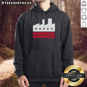 Trendy Top Kramerica Industries graphic hoodie featuring bold logo design, perfect for casual wear and fans of Seinfeld.