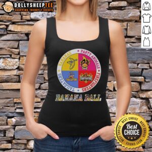 Hot Bananas Ball tank top featuring a fun party animals logo with firefighters and tailgaters in a colorful circle design.