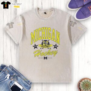 Heritage washed t-shirt featuring University of Michigan Wolverines hockey logo, perfect for fans and casual wear.