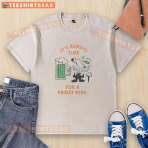 Alt Text: Cartoon leprechaun celebrating St. Patrick's Day on a washed t-shirt with the phrase It's Always Time for a Friday Beer.