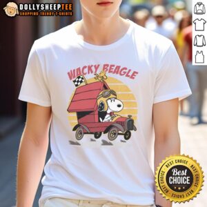 Funny Beagle car t-shirt featuring a wacky beagle driving a colorful car, perfect for dog lovers and casual wear.