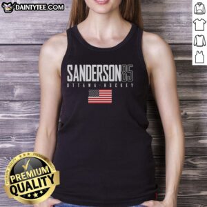 Alt Text: Cute Jake Sanderson wearing an 85 Ottawa Senators USA flag elite tank top, showcasing team spirit and style.