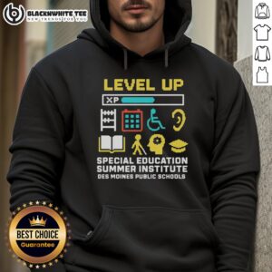 Des Moines Public Schools hoodie featuring 'Good Level Up' design for Special Education Summer Institute.