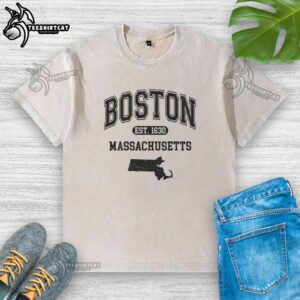 Official Boston Massachusetts Est. 1630 Varsity Washed T-Shirt in navy blue, perfect for casual wear and Boston pride.