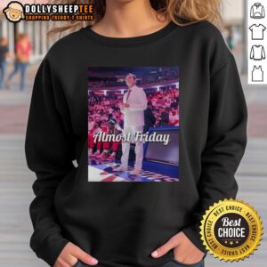 Good Rick Pitino St. John's Red Storm sweatshirt featuring 'Almost Friday' design for fans and supporters.