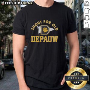 Alt Text: Vintage Depauw T-Shirt featuring a bold Top Shout graphic, perfect for old school fashion enthusiasts.