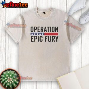 Alt Text: Good Operation Epic Fury US Iran logo on a washed t-shirt, showcasing a unique design for fans of political apparel.