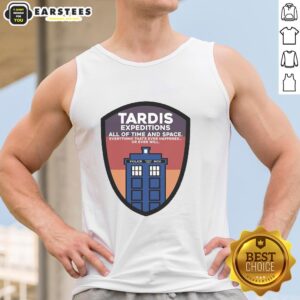 Good Tardis Expeditions tank top featuring a police call box design, perfect for fans of time and space adventures.