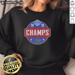Alt Text: Florida Gators 2025 SEC Women's Gymnastics Champions sweatshirt featuring team colors and logo design.
