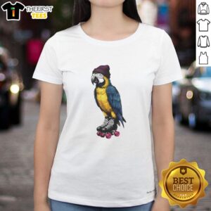 Premium roller skating parrot graphic on a stylish ladies tee, perfect for fun and vibrant casual wear.