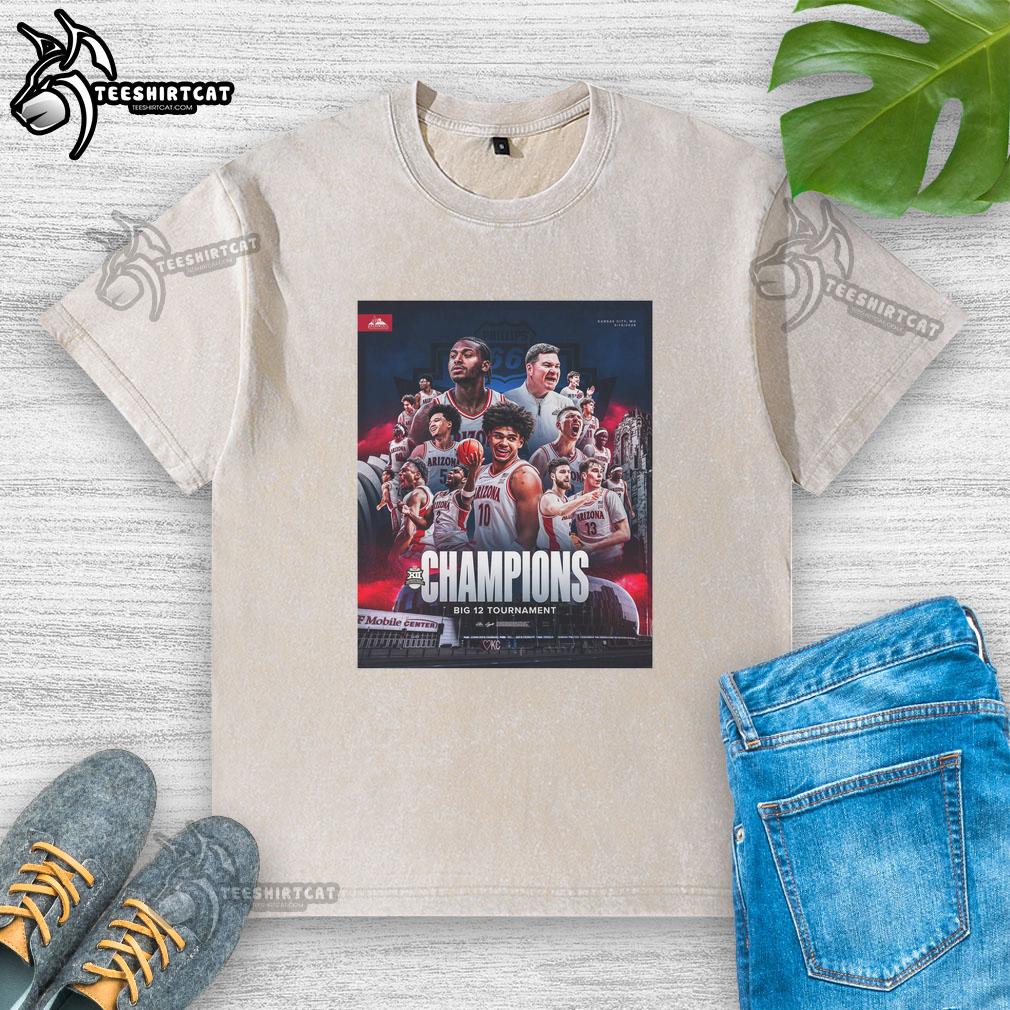 top-arizona-wildcats-big-12-tournament-2026-poster-washed-t-shirt Alt Text: Top Arizona Wildcats Big 12 Tournament 2026 poster on a washed t-shirt showcasing team pride and vibrant colors.