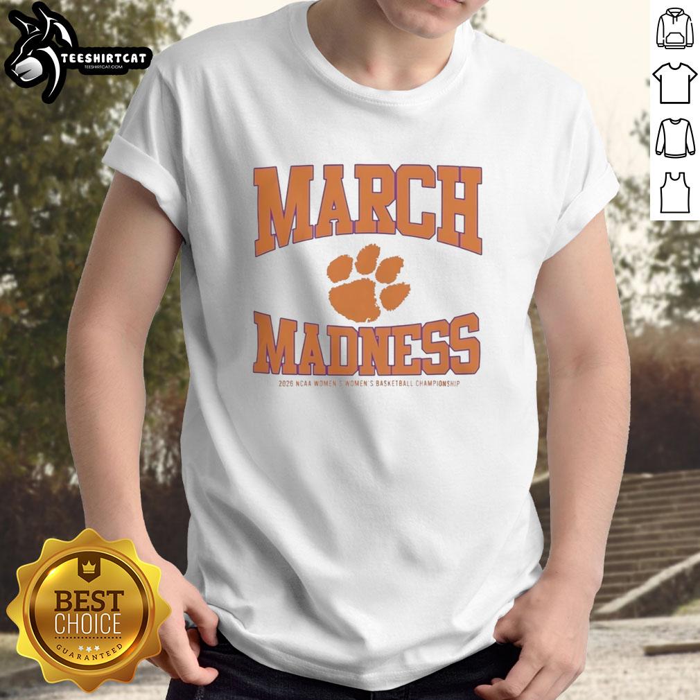 top-clemson-tigers-march-madness-ncaa-womens-basketball-championship-2026-t-shirt Alt Text: Top Clemson Tigers March Madness NCAA Women's Basketball Championship 2026 T-Shirt featuring bold team graphics.
