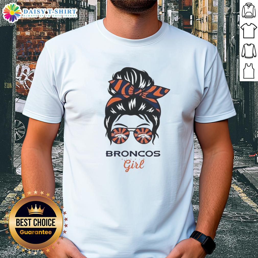 Top Denver Broncos Girl Messy Bun Glasses T Shirt Alt Text: Top Denver Broncos Girl Messy Bun Glasses T-Shirt featuring a stylish design perfect for fans and casual wear.
