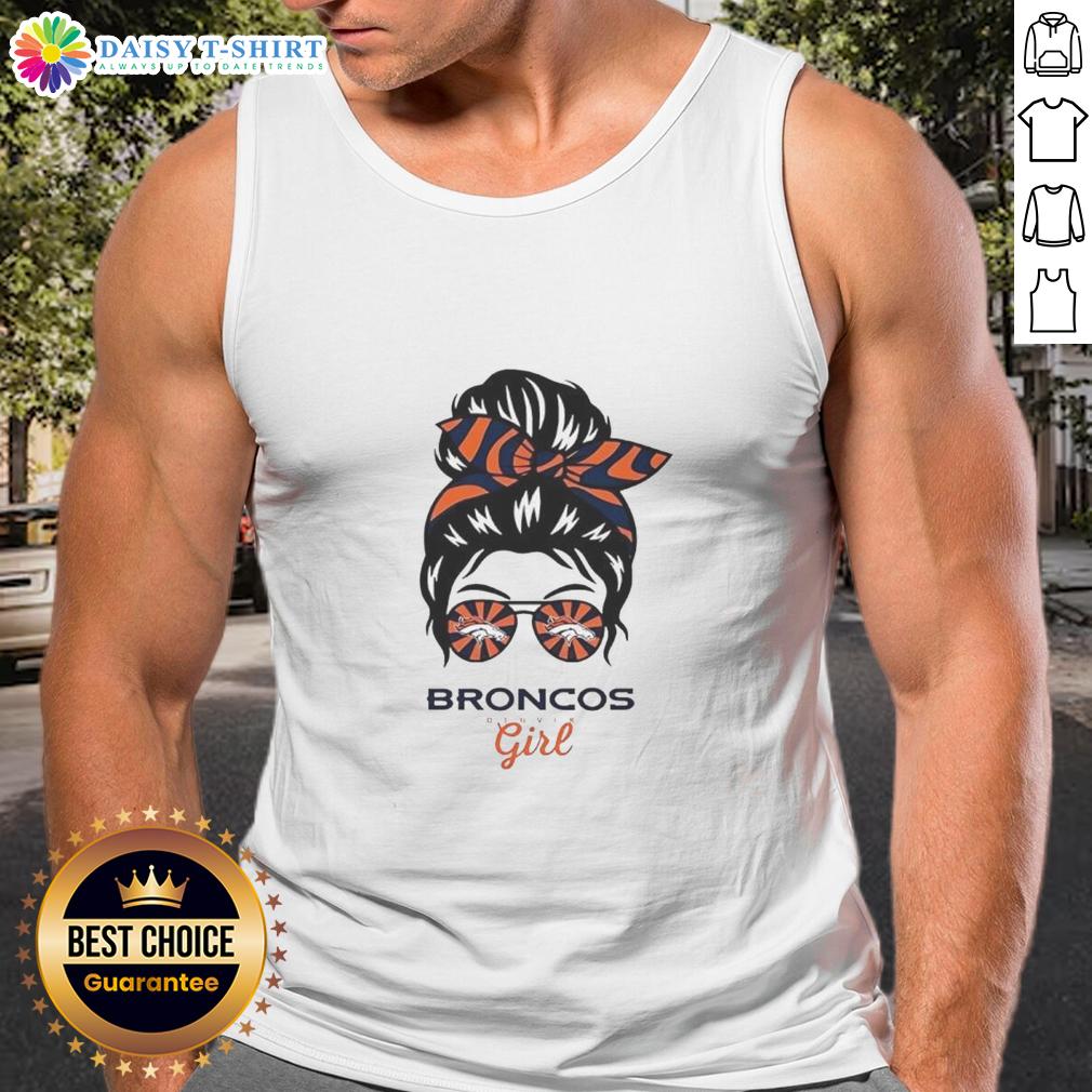 Top Denver Broncos Girl Messy Bun Glasses Tank Top Denver Broncos girl with a messy bun and glasses wearing a tank top, showcasing team spirit and style.