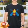 Alt Text: Top Galaga alien sprite video game pixel style T-shirt featuring retro gaming design and vibrant colors.
