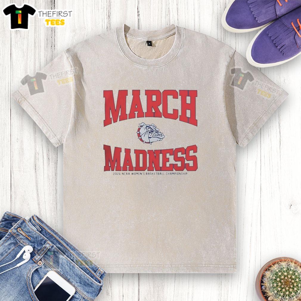 top-gonzaga-bulldogs-march-madness-2026-ncaa-womens-basketball-championship-washed-t-shirt Top Gonzaga Bulldogs March Madness 2026 NCAA Womens Basketball Championship washed t-shirt displayed on a hanger.