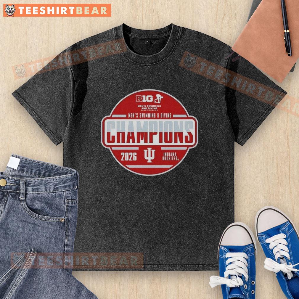 top-indiana-hoosiers-2026-big-ten-mens-swimming-and-diving-champions-washed-t-shirt Top Indiana Hoosiers 2026 Big Ten Men's Swimming and Diving Champions washed t-shirt displayed on a wooden surface.
