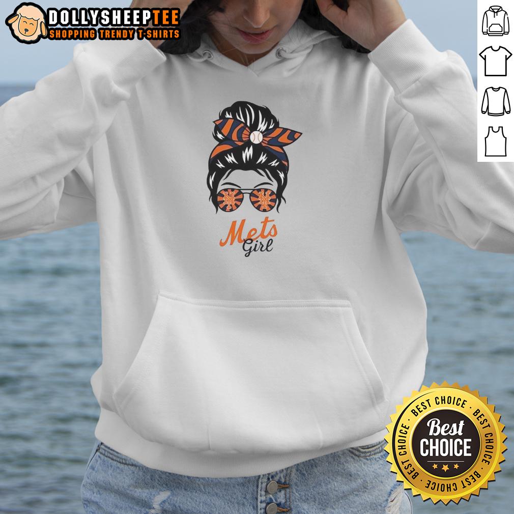 Top New York Mets Girl Messy Bun Glasses Hoodie Girl with a messy bun and glasses wearing a New York Mets hoodie, showcasing team spirit and casual style.