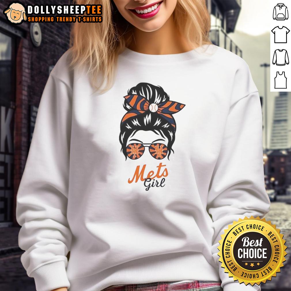 Top New York Mets Girl Messy Bun Glasses Sweatshirt Girl in a messy bun and glasses wearing a New York Mets sweatshirt, showcasing team spirit and casual style.
