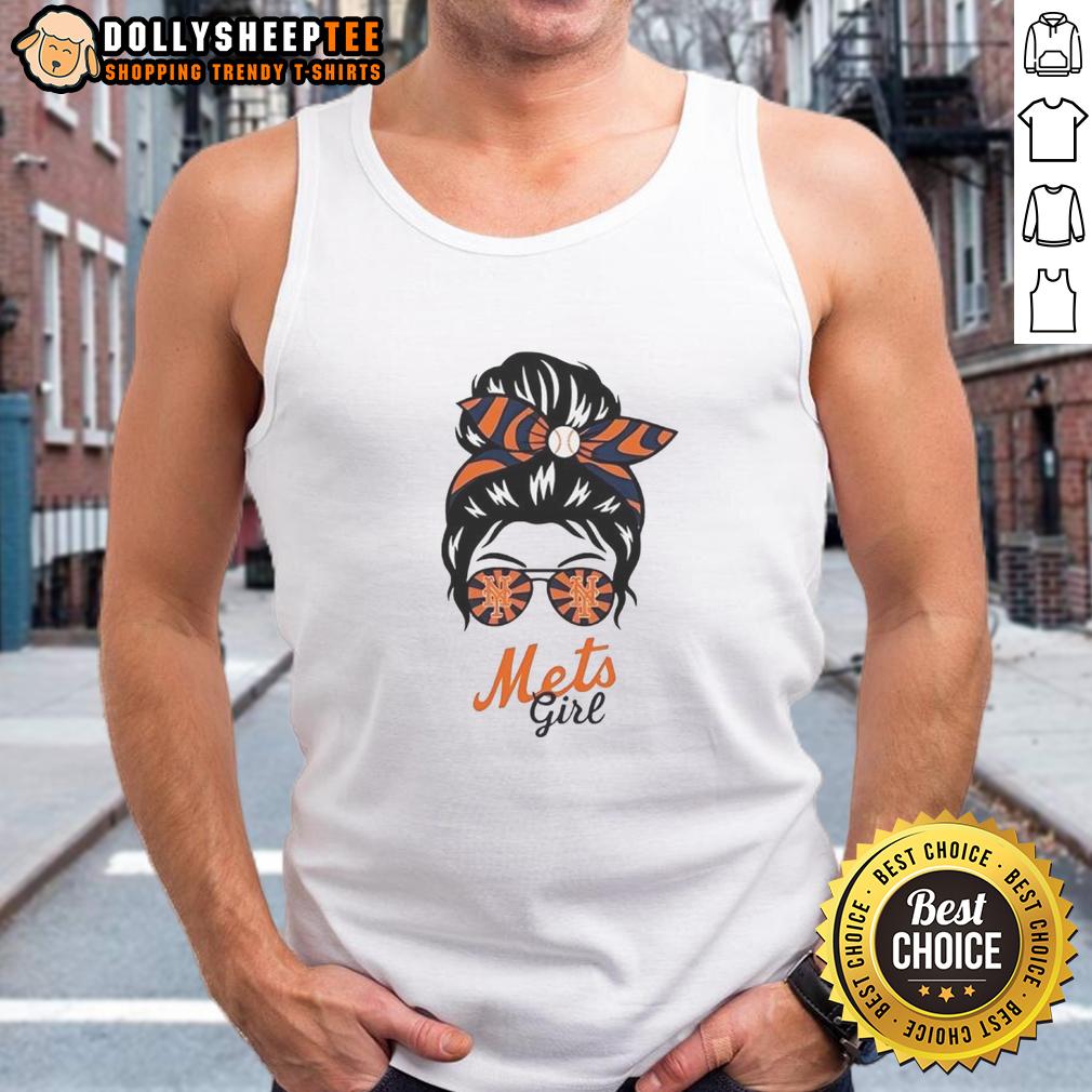 Top New York Mets Girl Messy Bun Glasses Tank Top Girl in a messy bun, glasses, and a tank top showing support for the New York Mets at a game.