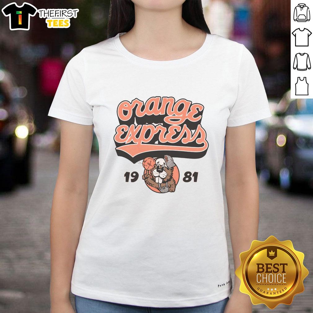 top-orange-express-1981-osu-basketball-vintage-ladies-tee Vintage 1981 OSU Basketball ladies tee in top orange, showcasing retro style and team spirit for fans.