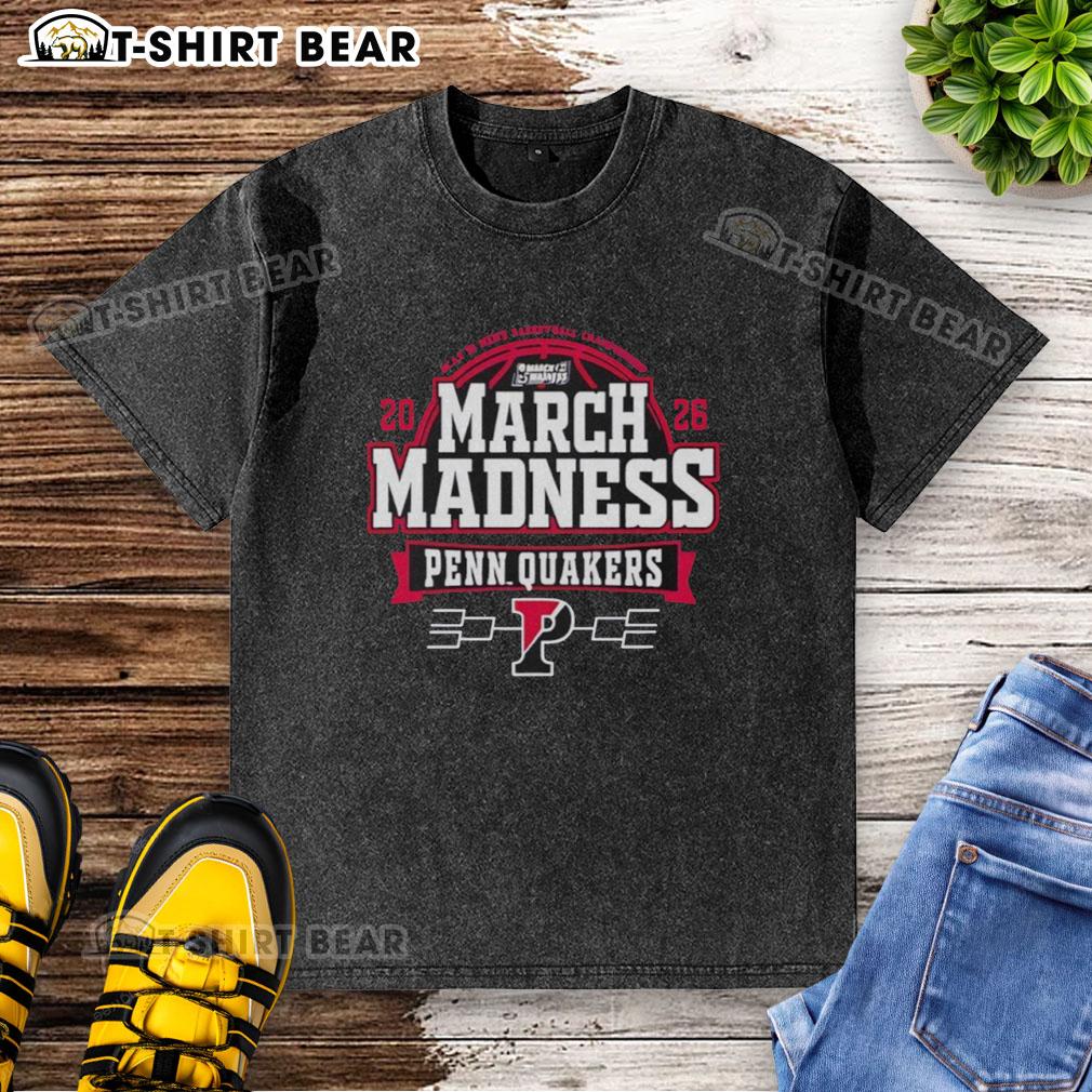 Top Pennsylvania Quakers 2026 Ncaa Men's Basketball March Madness Bound Washed T-Shirt Top Pennsylvania Quakers 2026 NCAA Men's Basketball March Madness Bound Washed T-Shirt showcasing team spirit and style.