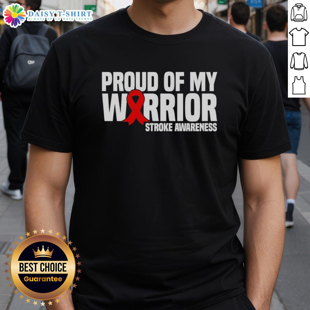 Top Proud Of My Warrior Red Ribbon Stroke Awareness T Shirt Alt Text: Top Proud Of My Warrior Red Ribbon Stroke Awareness T-Shirt featuring a vibrant red ribbon design for stroke awareness.