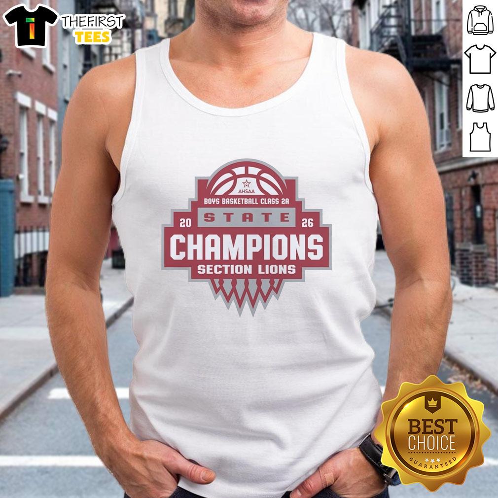top-section-lions-ahsaa-boys-basketball-class-2a-state-champions-2026-tank-top Alt Text: 2026 AHSAA Boys Basketball Class 2A State Champions tank top featuring the Top Section Lions logo.