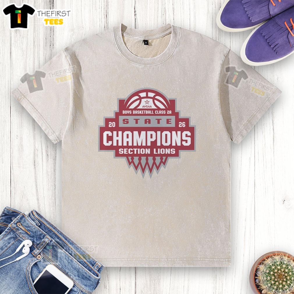 top-section-lions-ahsaa-boys-basketball-class-2a-state-champions-2026-washed-t-shirt Alt Text: Top section of a washed t-shirt celebrating AHSAA Boys Basketball Class 2A State Champions 2026 featuring lions.
