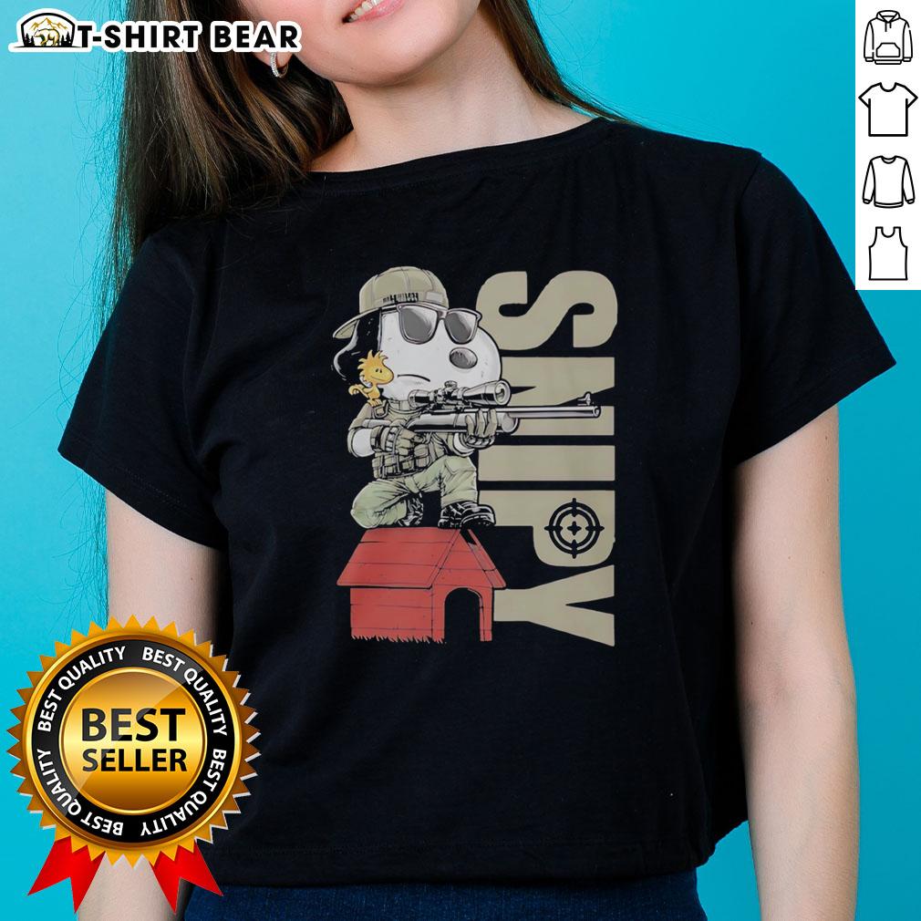 Top Snoopy Sniper And Woodstock Sitting On Doghouse Ladies Tee Snoopy the sniper and Woodstock sitting on a doghouse, featured on a ladies tee, perfect for Peanuts fans.