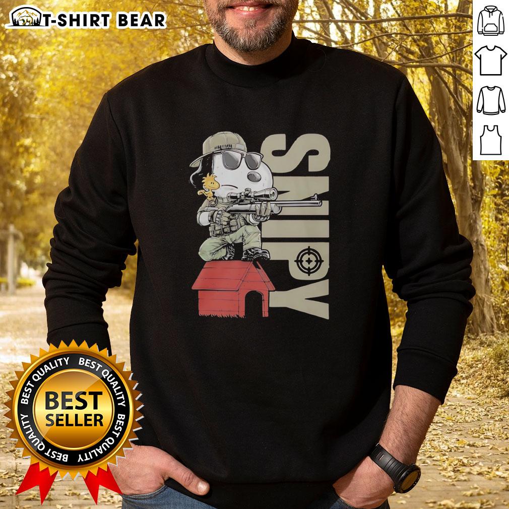 Top Snoopy Sniper And Woodstock Sitting On Doghouse Sweatshirt Snoopy sniper and Woodstock sitting on a doghouse sweatshirt, featuring vibrant colors and playful design.
