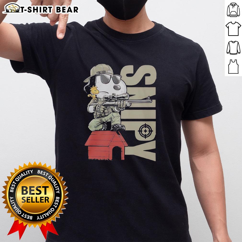 Top Snoopy Sniper And Woodstock Sitting On Doghouse T Shirt Alt Text: Snoopy sniper and Woodstock sitting on a doghouse graphic on a T-shirt, perfect for Peanuts fans.
