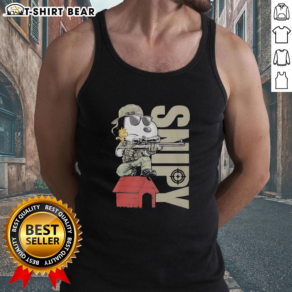 Top Snoopy Sniper And Woodstock Sitting On Doghouse Tank Top Snoopy and Woodstock sitting on a doghouse wearing a tank top featuring the classic cartoon characters.